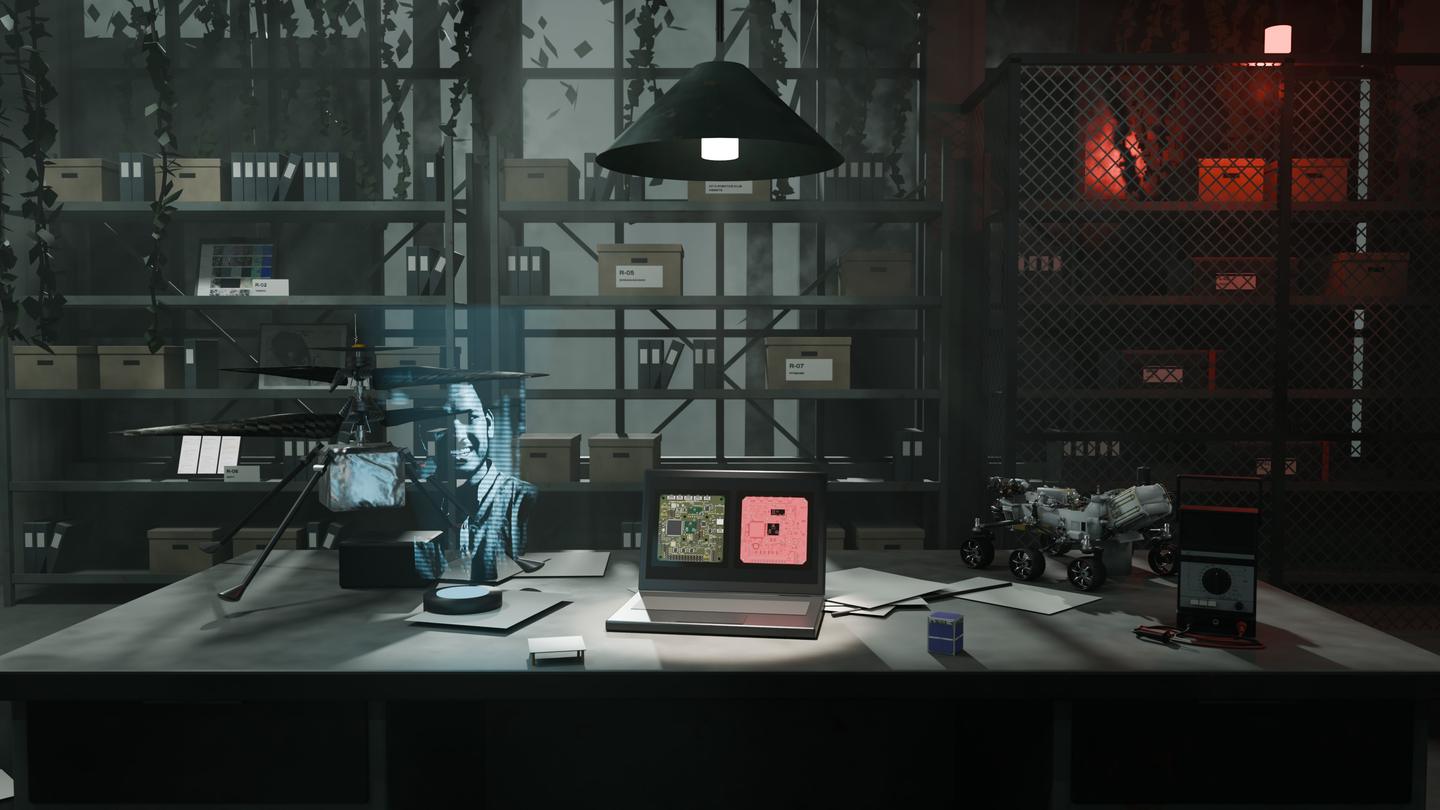 The lab: a steel bench under a hanging lamp, a laptop showing the Saarthi board and a projector throwing a hologram of Vedant beside it, racks of archive boxes behind against tall broken windows, and a caged rack under red light at the right.