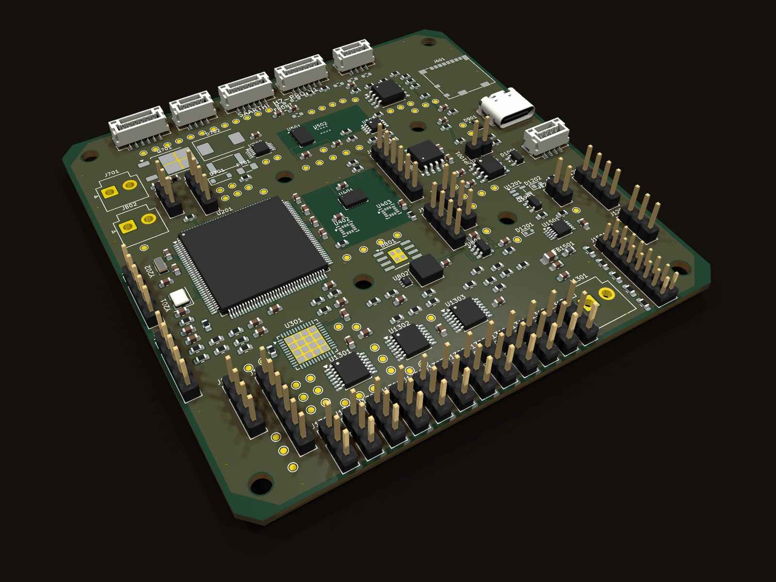 KiCad 3D render of the Saarthi H7-Pro board at an angle, with the STM32H753 at the centre-left, JST-GH connectors along the top edge and twelve servo headers along the bottom.
