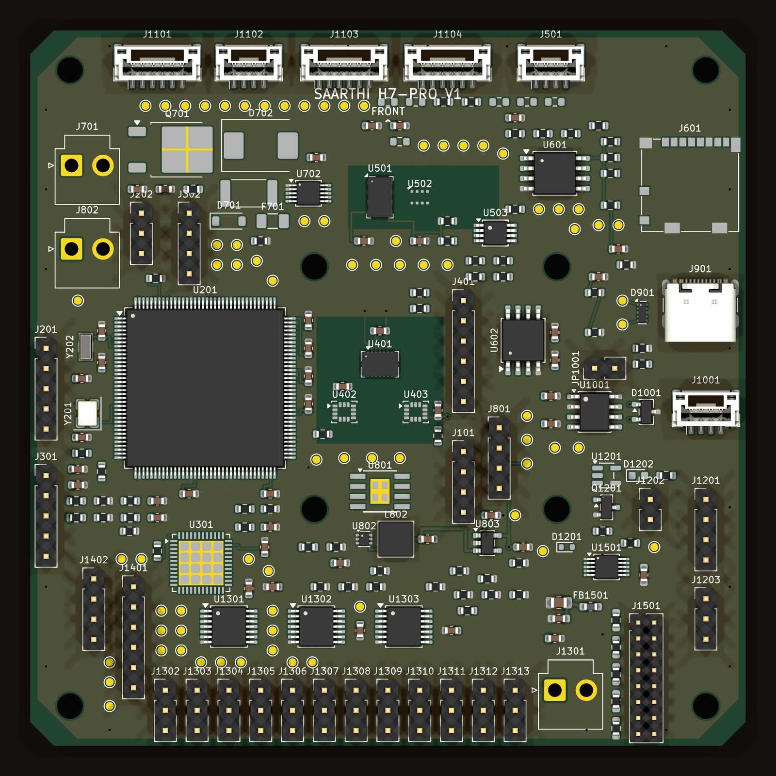 Top-down KiCad render of the Saarthi H7-Pro board, showing all eight mounting holes, the STM32H753, the IMU island in the centre and the servo headers along the bottom edge.