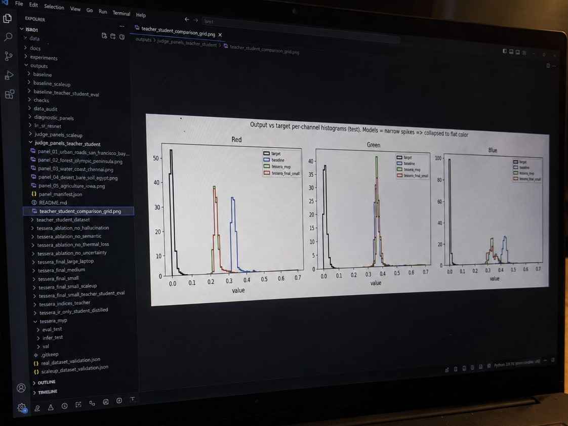 The TESSERA project open in VS Code, showing per-channel output-versus-target histograms from the test set. The models form narrow spikes where the target is spread out: the plot title calls it colour collapsing to a flat tone.